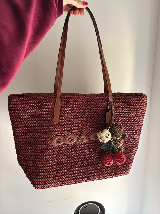 Coach Handbags - Coach Woven Straw Tote Beach Bag in Burgundy with Leather Handles